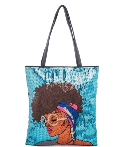 Glasses Girl Sequins Large Tote Bag A039GT-L TURQUOISE